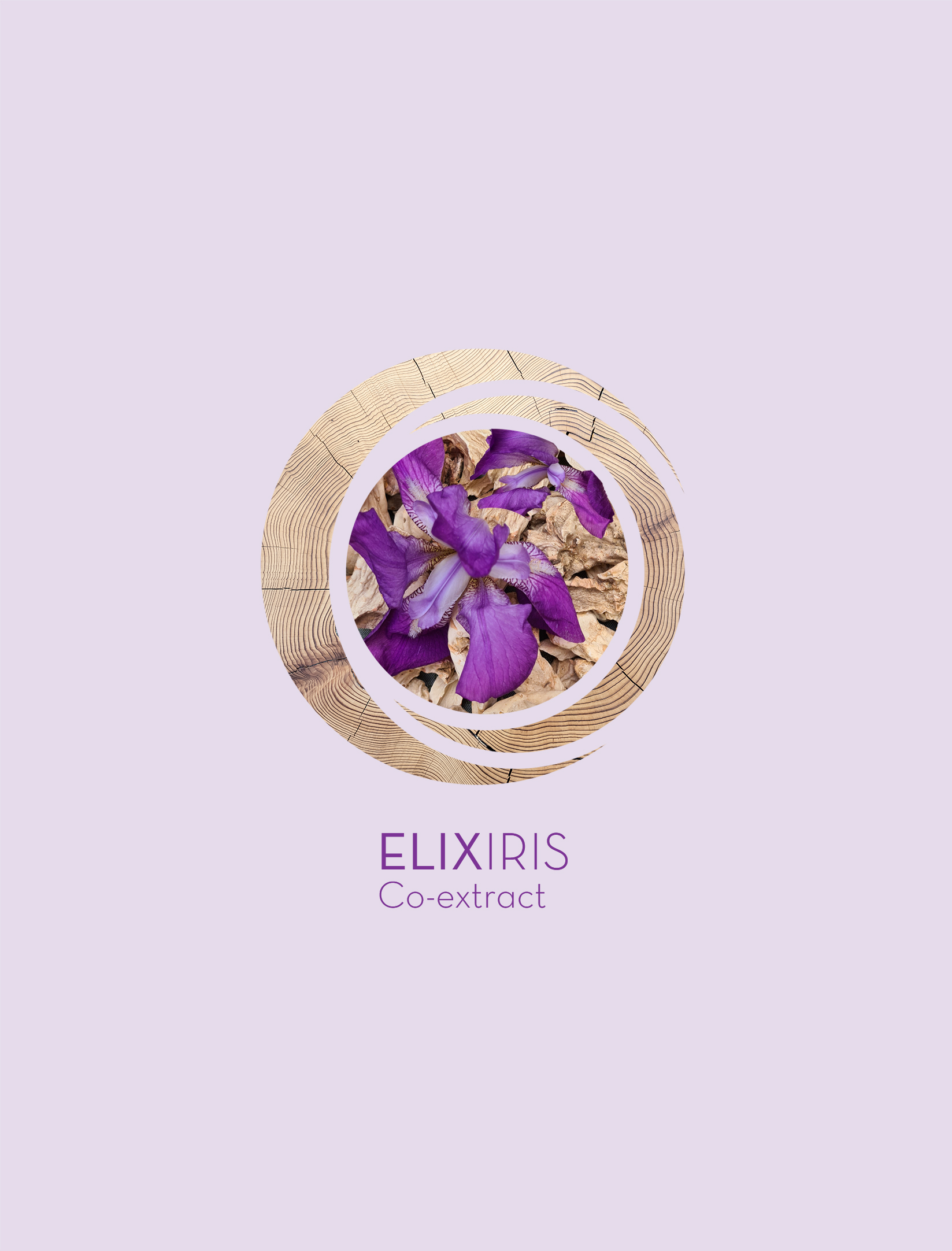 ELIXIRIS Co-extract logo featuring purple iris flowers and dried botanicals in a circular woven frame