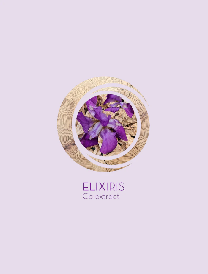 ELIXIRIS Co-extract logo featuring purple iris flowers and dried botanicals in a circular woven frame