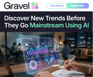 Gravel AI platform logo with data analytics dashboard showing trend discovery tools