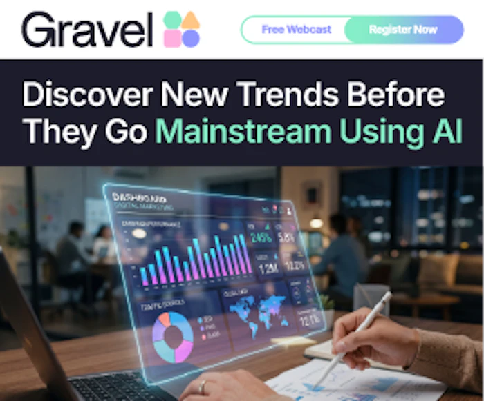 Gravel AI platform logo with data analytics dashboard showing trend discovery tools