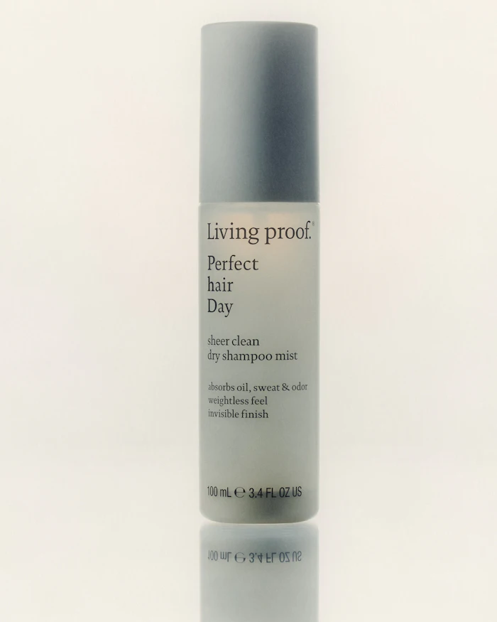 The micellar-powered mist uses a patent-pending Micellar Bi-phase Cleansing System designed to loosen and absorb oil while delivering what Living Proof describes as a 100% invisible finish and weightless feel.