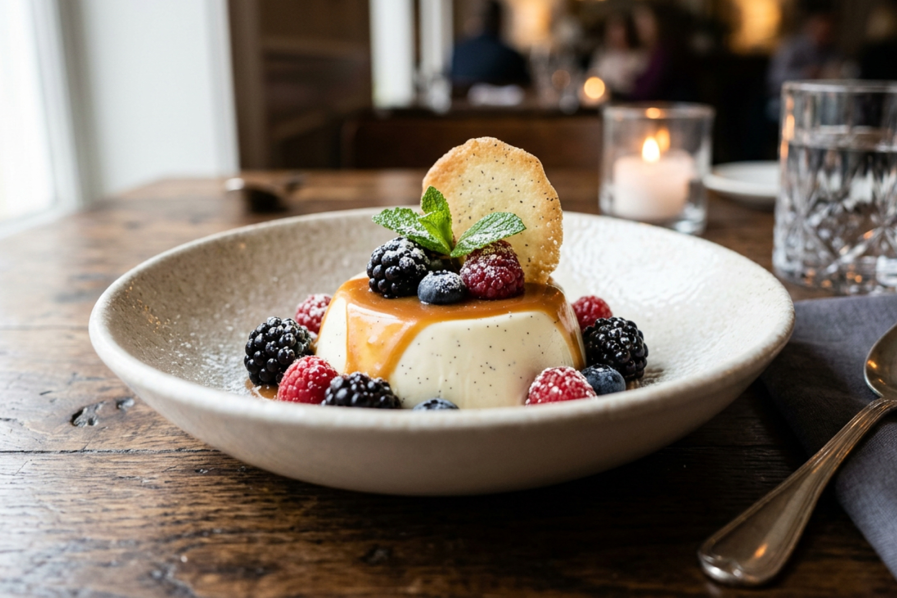 Elegant plated dessert with creamy panna cotta, fresh berries, caramel drizzle, and crispy cookie garnish in fine dining setting
