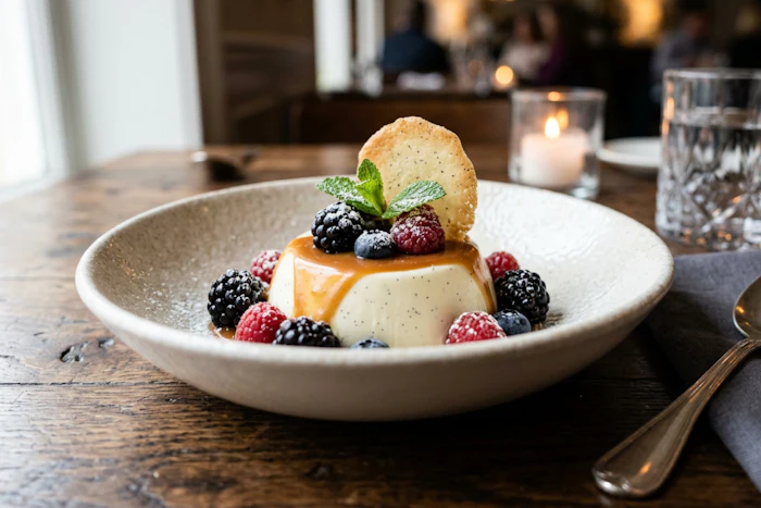 Elegant plated dessert with creamy panna cotta, fresh berries, caramel drizzle, and crispy cookie garnish in fine dining setting