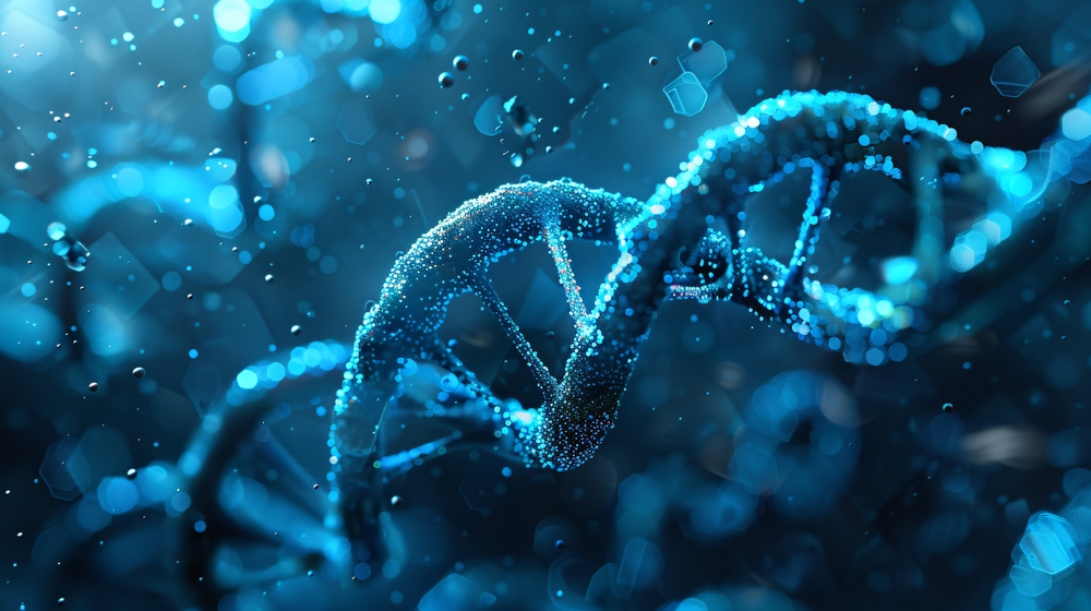 3D digital visualization of glowing blue DNA double helix strands with particle effects on dark background