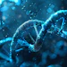 3D digital visualization of glowing blue DNA double helix strands with particle effects on dark background