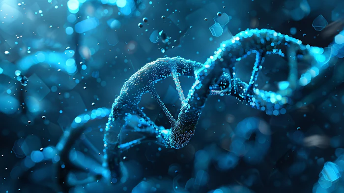 3D digital visualization of glowing blue DNA double helix strands with particle effects on dark background