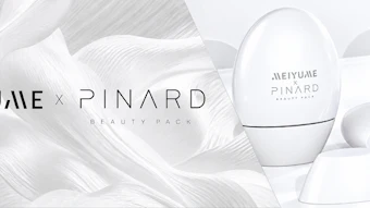 MEIYUANE x PINARD beauty pack collaboration featuring white egg-shaped devices and shaping beauty treatment product packaging