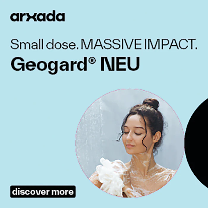 Geogard NEU skincare product advertisement showing woman applying lotion with tagline 'Small dose. MASSIVE IMPACT'