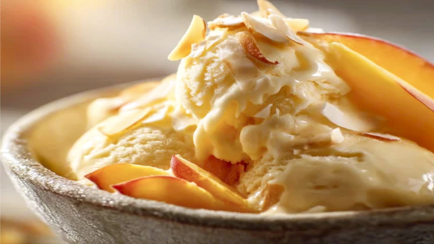 Creamy dessert topped with whipped cream, fresh peach slices, and toasted almond flakes on a ceramic plate