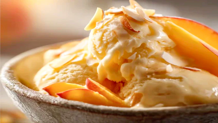 Creamy dessert topped with whipped cream, fresh peach slices, and toasted almond flakes on a ceramic plate