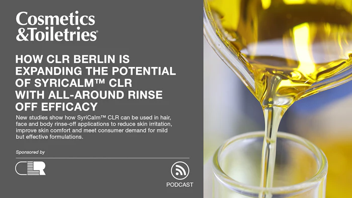 Cosmetics & Toiletries article about SyrCalm CLR rinse efficacy with golden liquid pouring into glass