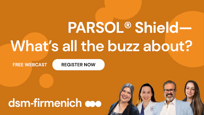 PARSOL Shield webcast promotion featuring four professionals with orange background and DSM Firmenich branding
