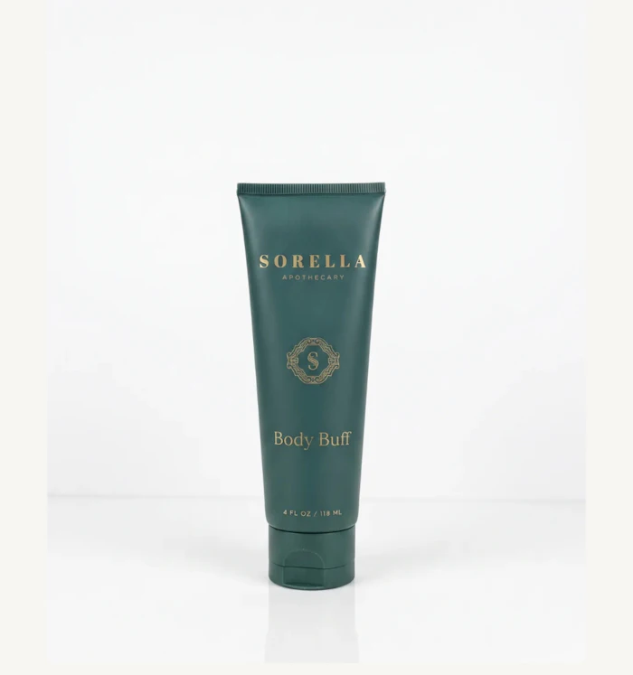 Sorella Apothecary Body Buff exfoliating skincare product in teal tube with gold lettering, 4 fl oz