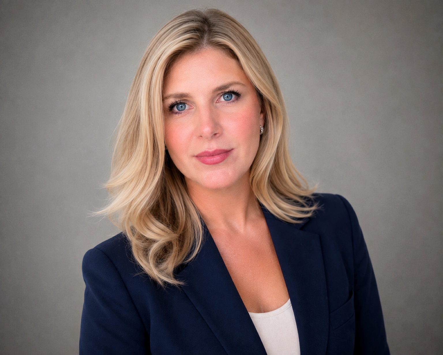 Professional headshot of a woman with blonde hair wearing a navy blazer and white top against a gray background