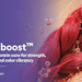 Provital Kromboost bioactive protein care product advertisement with red muscle fibers and water droplets on purple gradient background