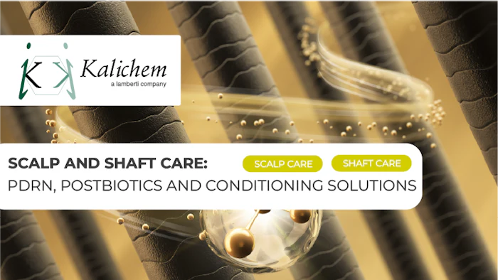 Kalichem logo with teal geometric symbol and company tagline for scalp and shaft care solutions