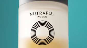 Nutrafol Women Strand Serum bottle with DualFusion Complex, 30mL, displayed against teal background