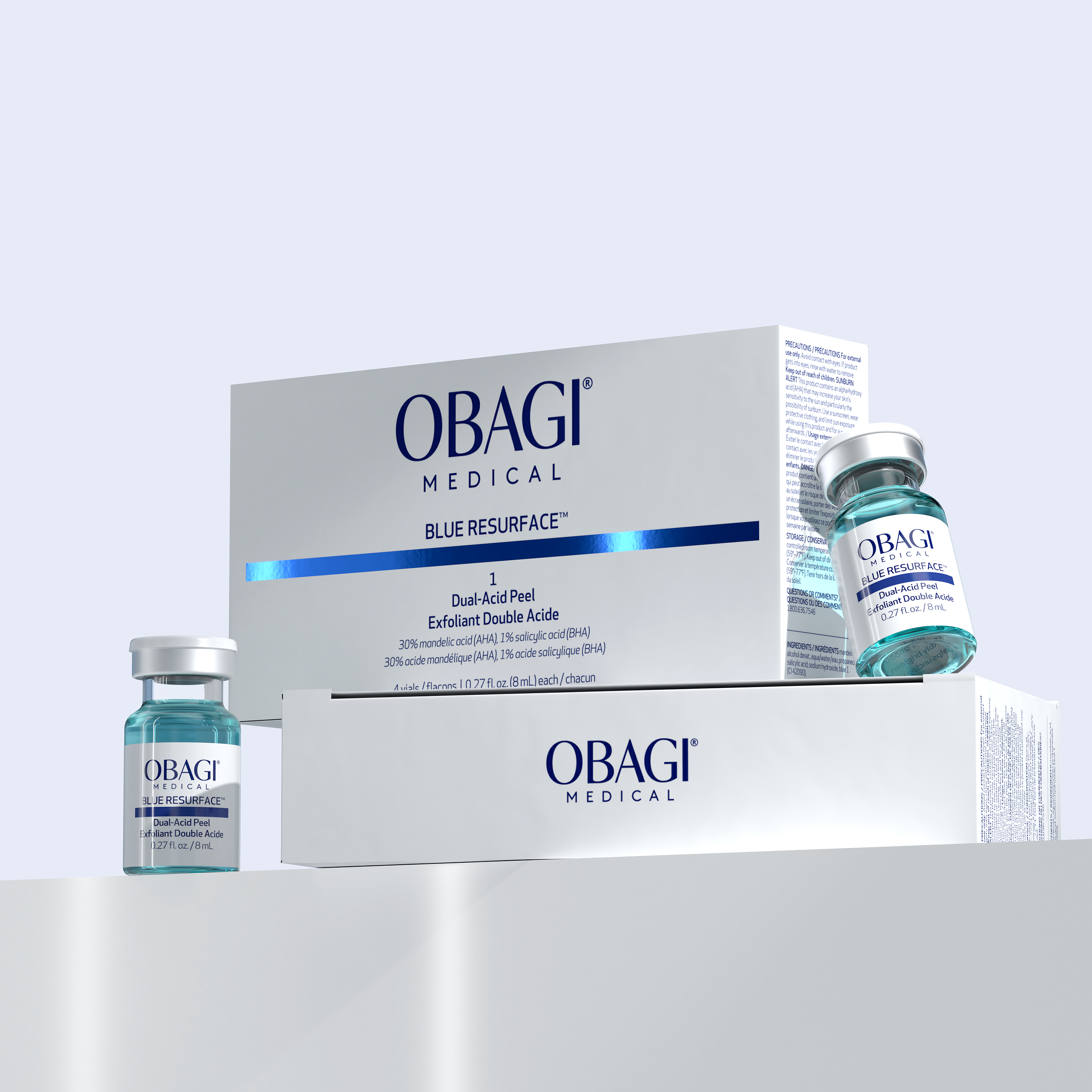 OBAGI Medical Blue Resurface dual-acid peel skincare product set with vials and packaging