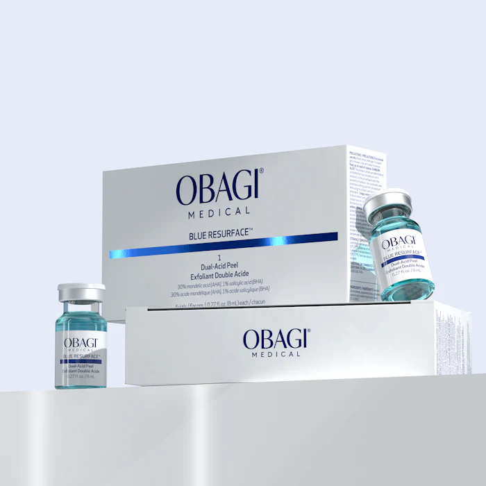 OBAGI Medical Blue Resurface dual-acid peel skincare product set with vials and packaging