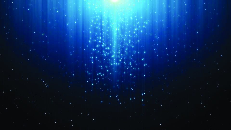 Abstract blue digital background with cascading light particles and rays emanating from center