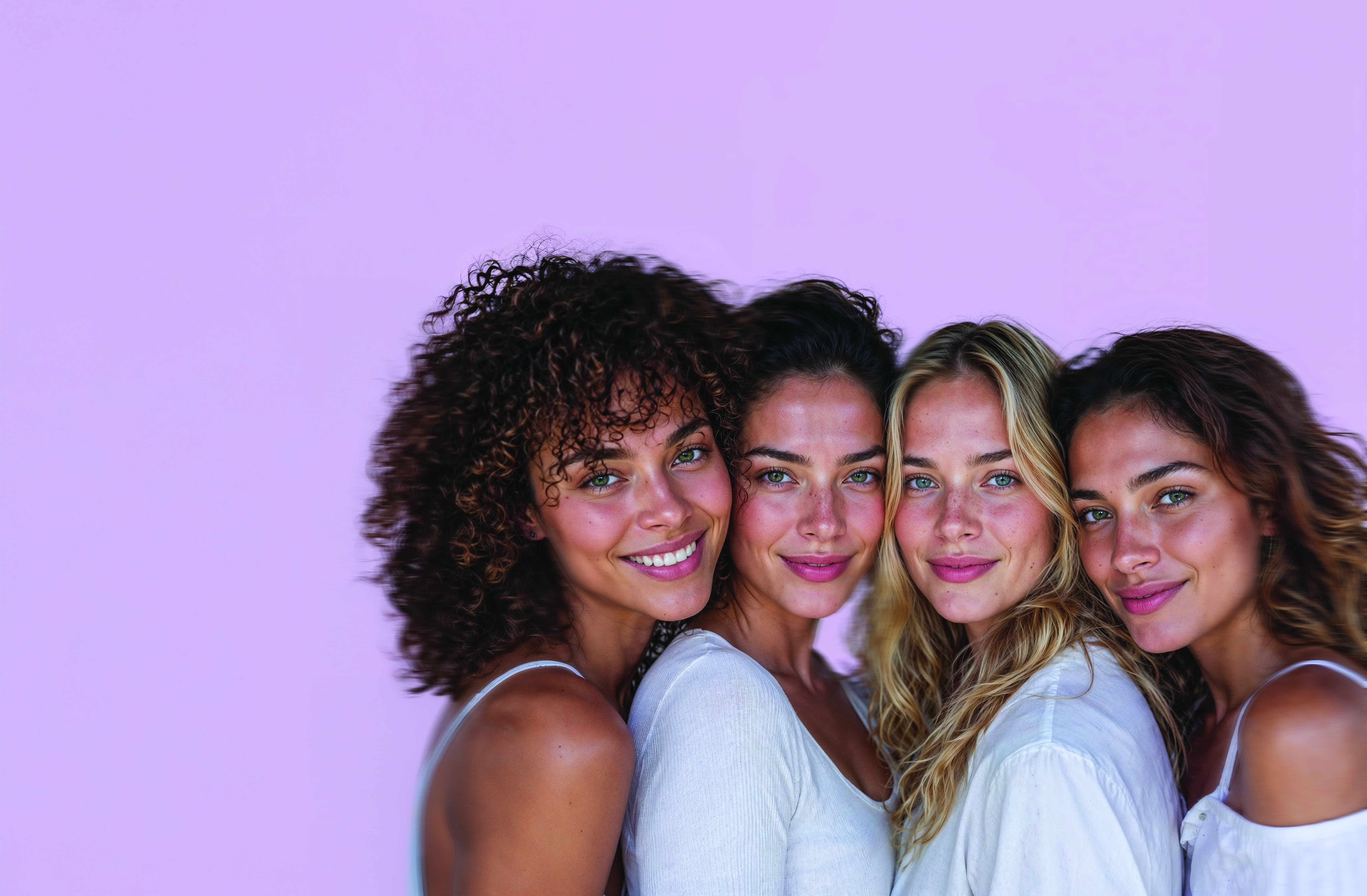 Four smiling young women posing together against a purple background in casual white clothing