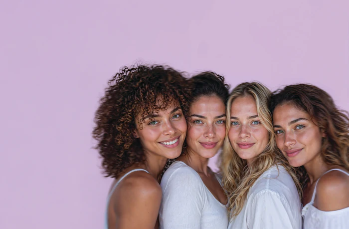 Four smiling young women posing together against a purple background in casual white clothing