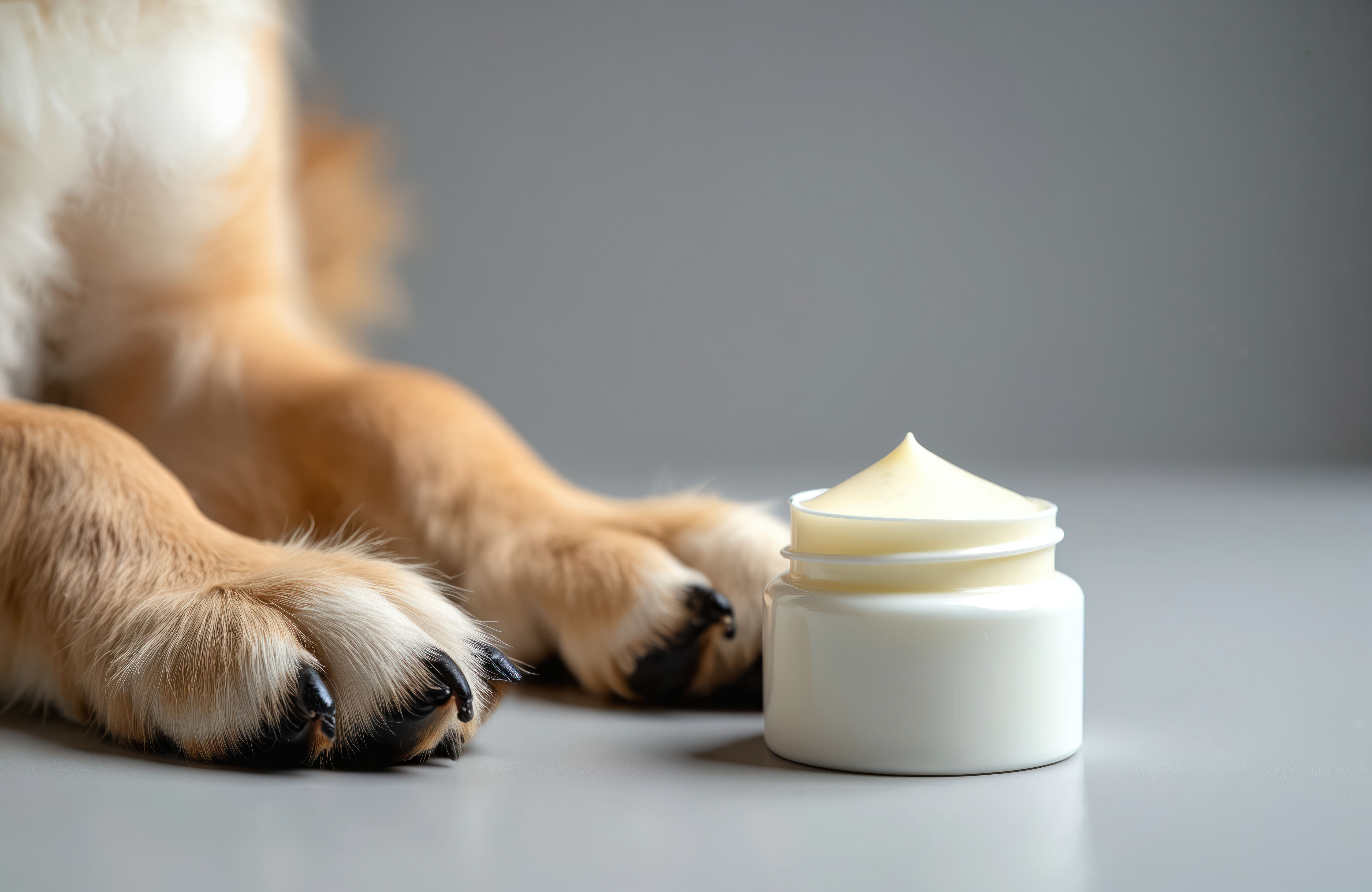 Fluffy cat paws at white cream jar with beige-toned product on gray background