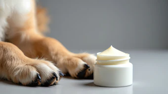 Fluffy cat paws at white cream jar with beige-toned product on gray background