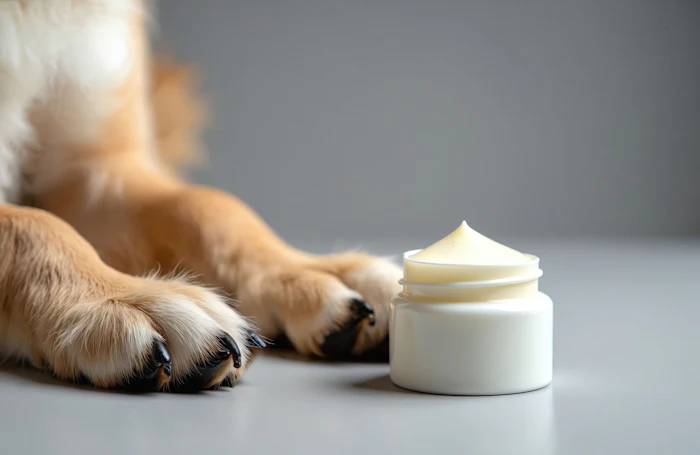Fluffy cat paws at white cream jar with beige-toned product on gray background