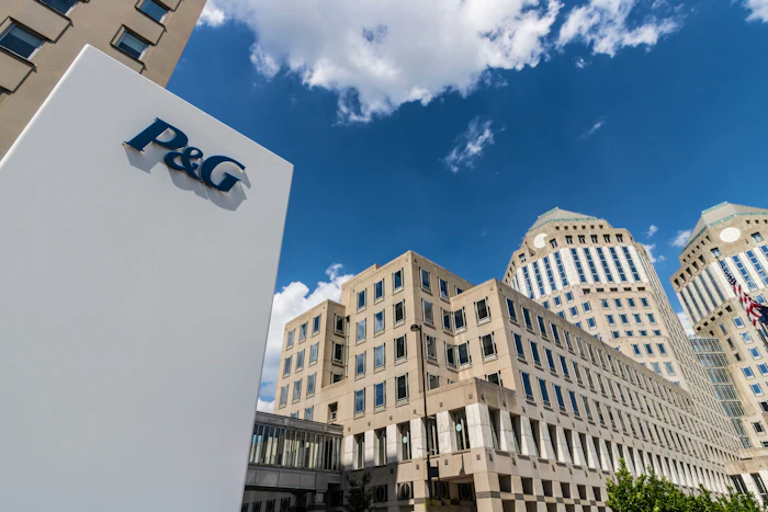 P&G corporate headquarters building with blue sky and downtown architecture