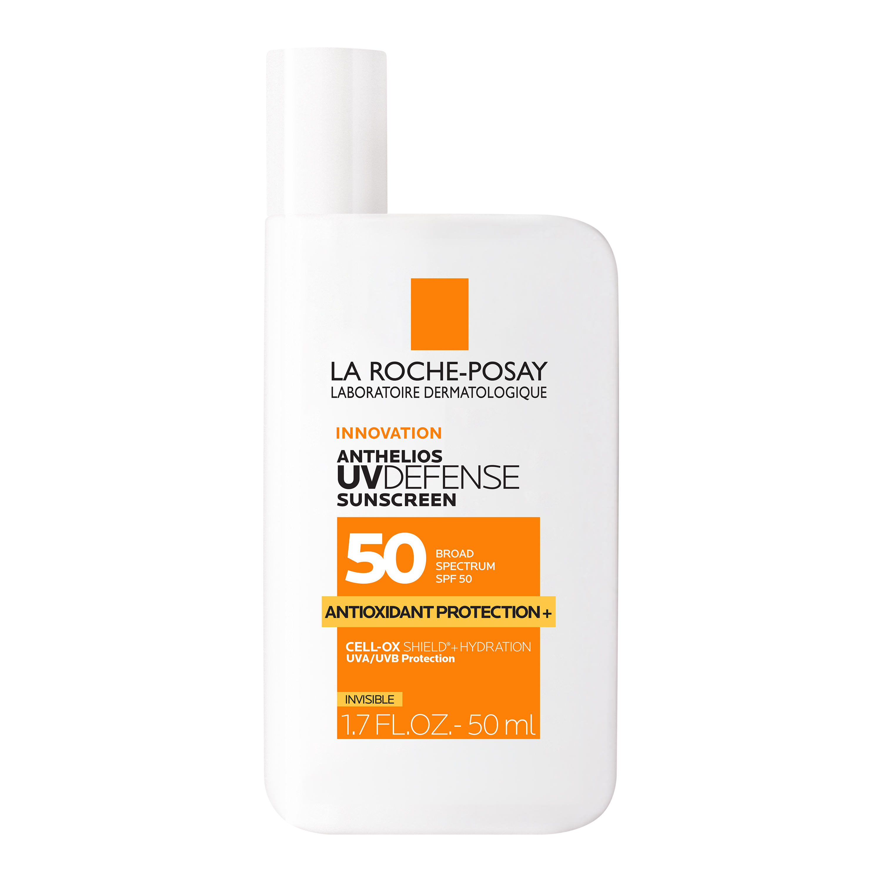 La Roche-Posay Anthelios UV Defense SPF 50 sunscreen bottle with antioxidant protection and hydration formula