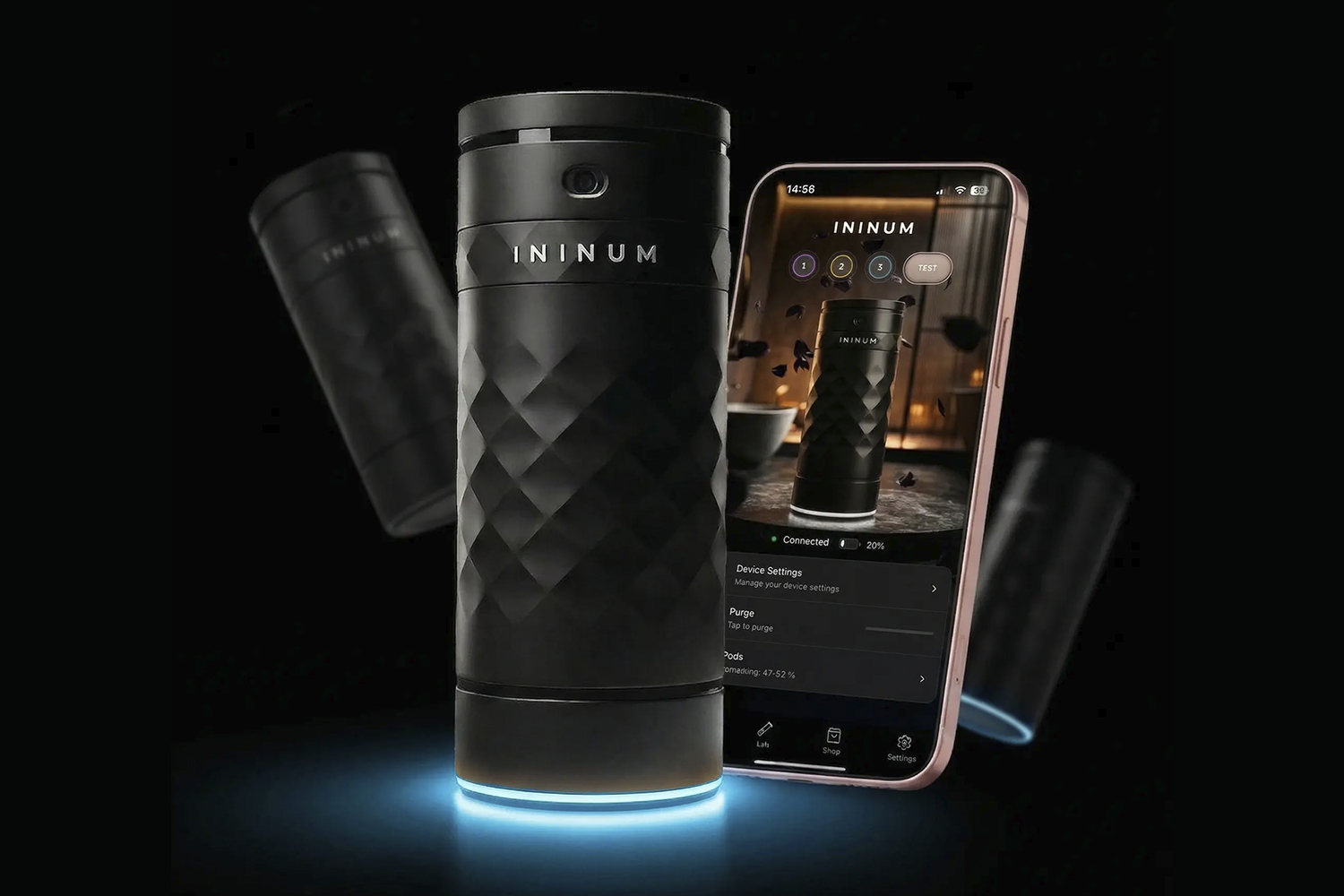 ININUM smart device with smartphone app interface displaying product controls and settings