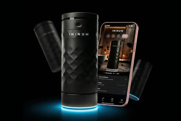 ININUM smart device with smartphone app interface displaying product controls and settings