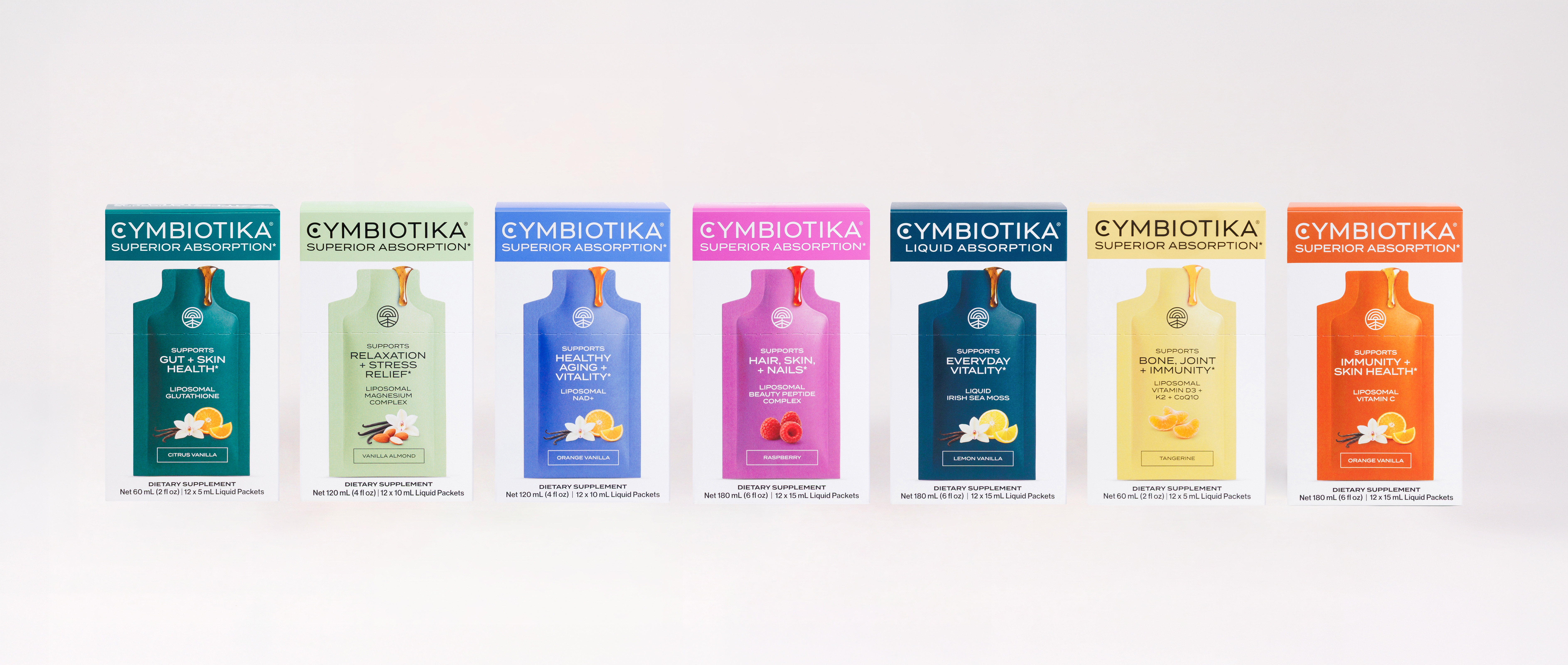 Cymbiotika supplement product line featuring seven colorful wellness formulas in teal, green, blue, magenta, navy, yellow, and orange packaging.