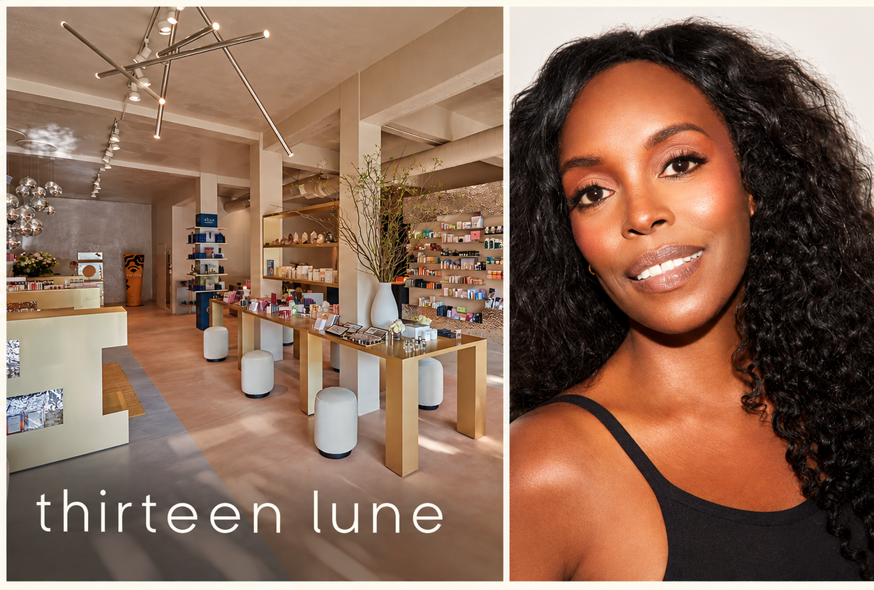 Thirteen Lune beauty store interior with wooden display tables and woman's portrait