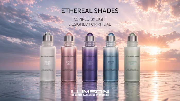 Five Ethereal Shades cosmetic bottles in gradient colors displayed on a beach at sunset with golden light and clouds