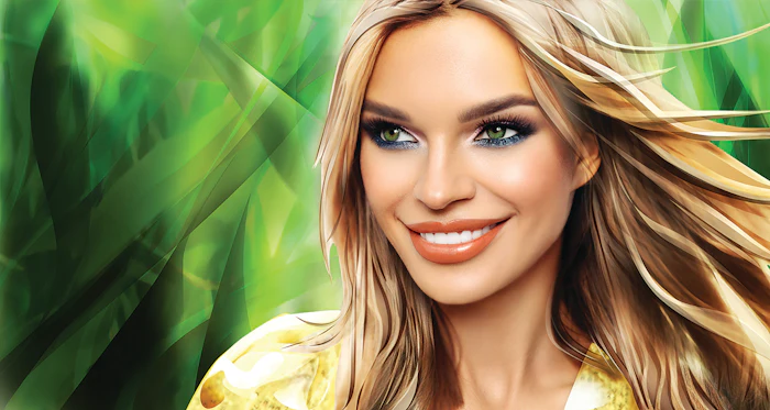 Portrait illustration of a blonde woman smiling with green foliage background