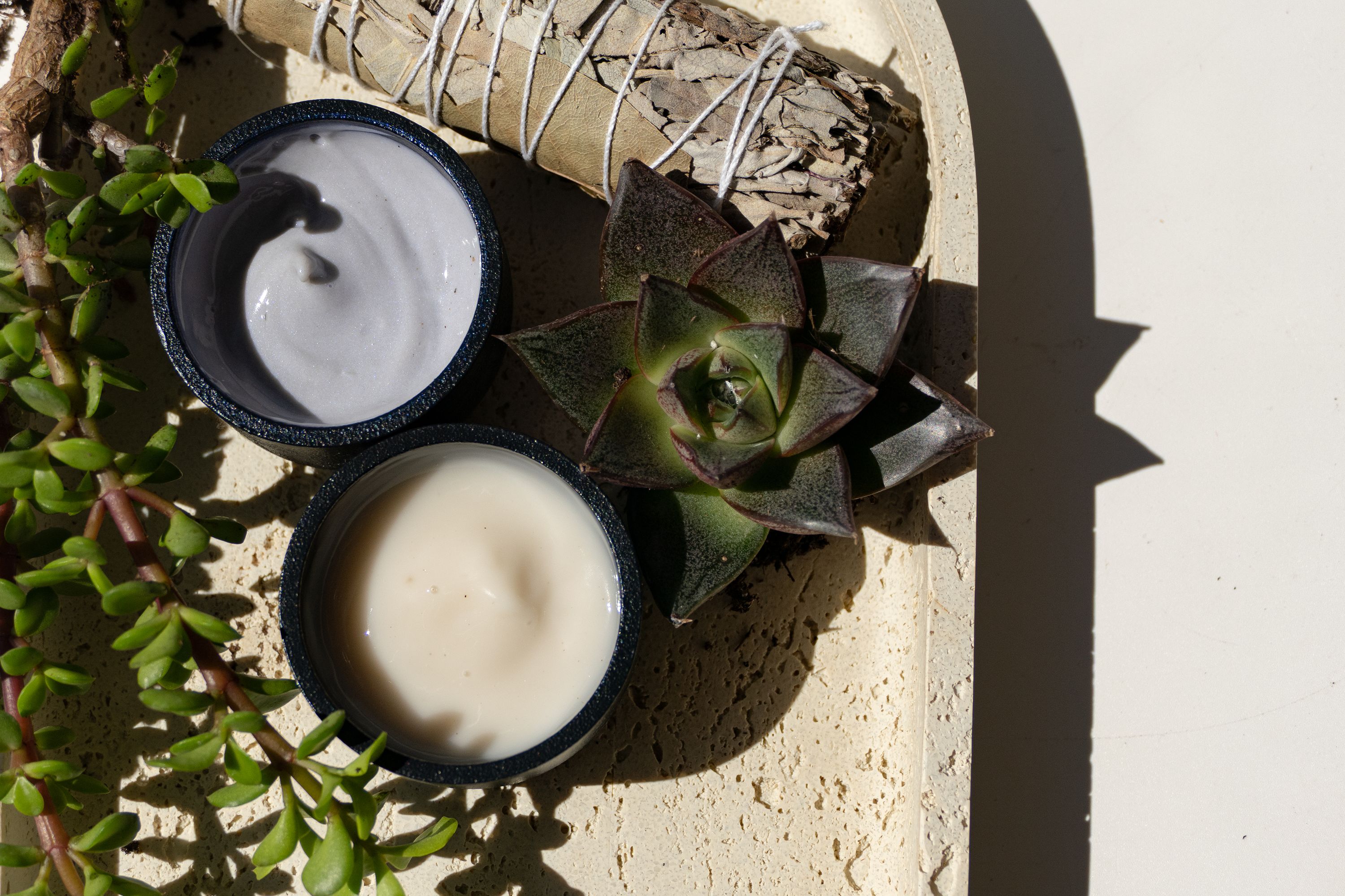 Overhead view of two cream-filled bowls with succulents, sage bundle, and green foliage on sandy surface
