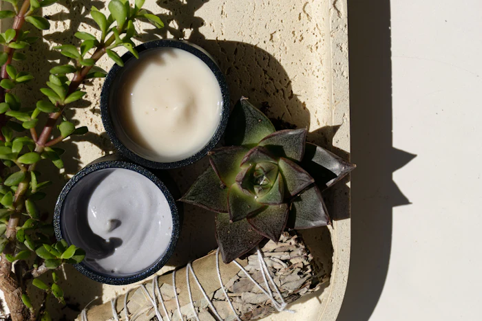 Overhead view of two cream-filled bowls with succulents, sage bundle, and green foliage on sandy surface